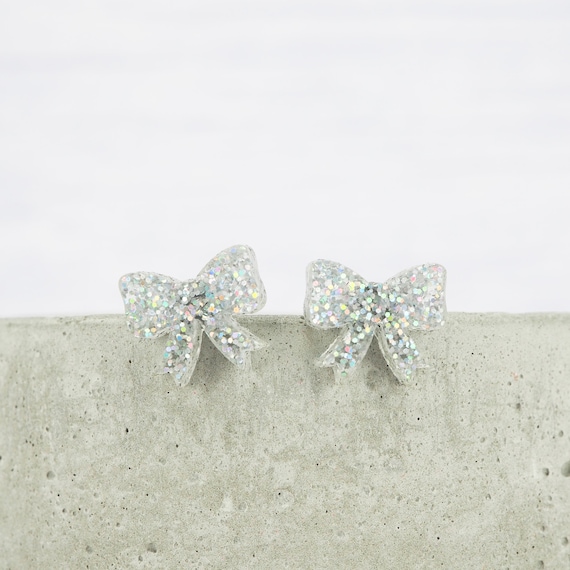 Titanium Ear Wire Bow Stud Earrings Silver Holographic Glitter