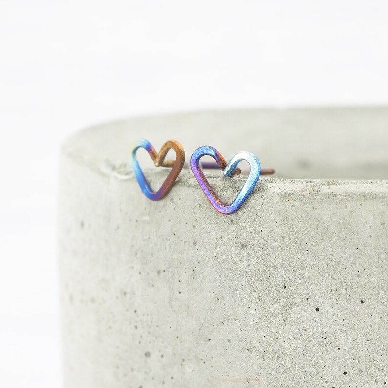 Titanium heart stud earrings Delicate lightweight hypoallergenic Boho rainbow heart earrings Valentine bride image 7