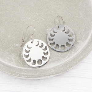 Hypoallergenic titanium ear wires - Moon phase disk dangle earrings - Unique gift - Mystic