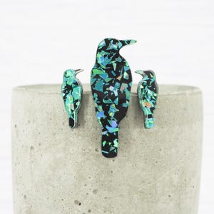 Holographic Bird Earrings and Brooch Set: Titanium Studs, Green Crows