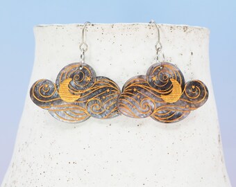 Celestial Cloud Dangle Earrings: Titanium, Black Galaxy, Gold Detail