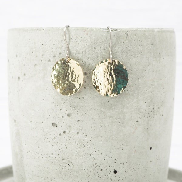 Hypoallergenic titanium ear wires - Brass dimple hammered dangle earrings - Unique gift