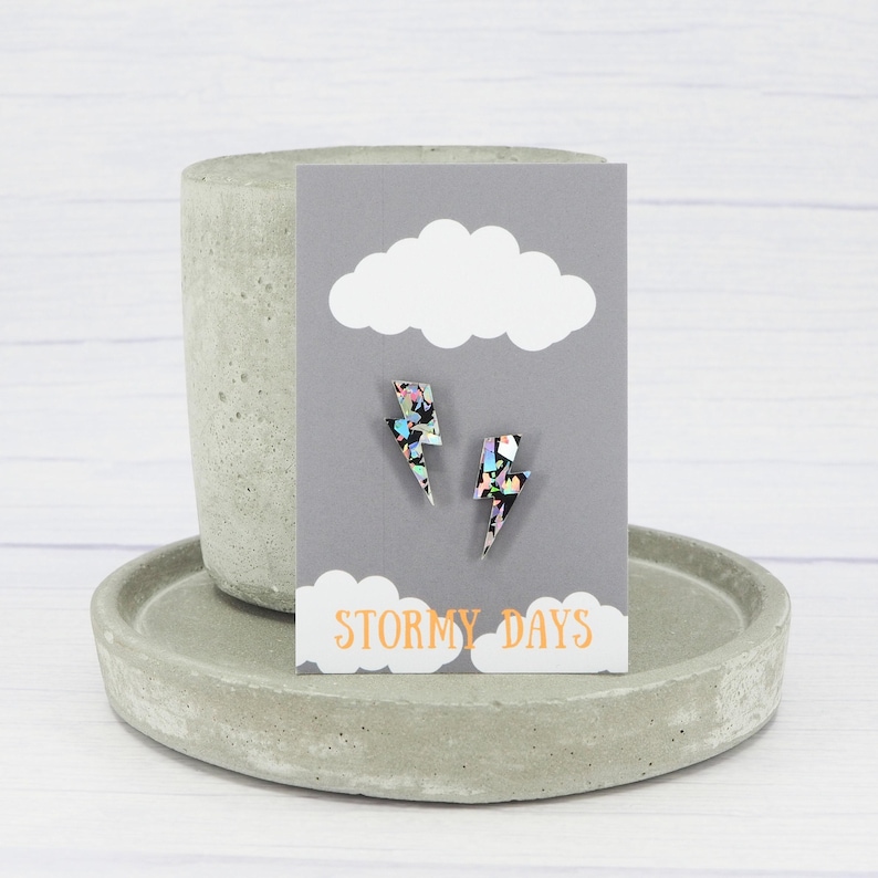 Lightning Bolt Stud Earrings: Holo Silver Glitter, Titanium Posts image 5
