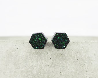 Titanium ear wire - Small black hexagon resin stud earrings - Green to blue shift glitter studs -Delicate hypoallergenic earrings