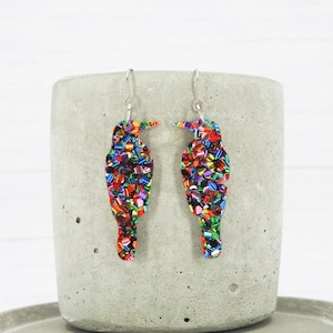 Titanium hypoallergenic ear wire - Crow dangle earrings - Unique - Chunky Mix glitter acrylic - Raven Bird
