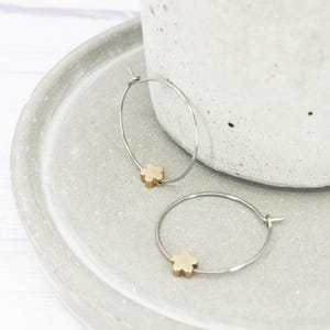 Titanium polished 1 inch hoops, Brass flower dangle charm, Hypoallergenic earrings - Mixed metal