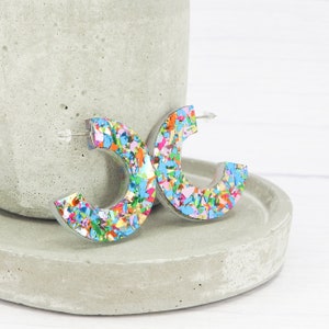 Titanium earrings - Rainbow glitter hoops - Gift for her - Rainbow flake - Acrylic Chunky open hoops