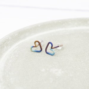 Titanium heart stud earrings Delicate lightweight hypoallergenic Boho rainbow heart earrings Valentine bride image 9