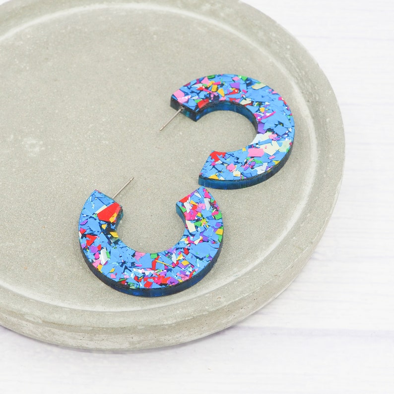 Titanium earrings Chunky disco glitter hoops Gift for her Blue flake Acrylic open hoops image 4