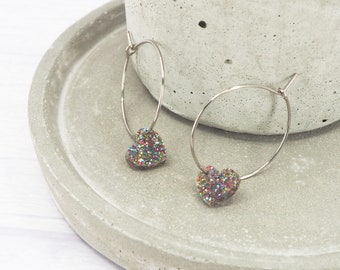 Titanium polished 1 inch hoops, Mixed glitter heart dangle charm, Hypoallergenic earrings - Love - Valentine - Wedding