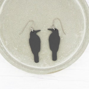 Titanium hypoallergenic ear wire Crow dangle earrings Unique Matte Black acrylic Raven Bird image 7