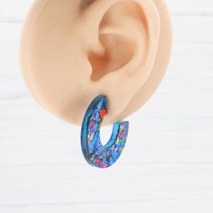 Titanium earrings Chunky disco glitter hoops Gift for her Blue flake Acrylic open hoops image 6