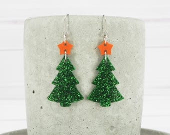 Green Glitter Christmas Tree Earrings – Titanium Ear Wire, Gold Star