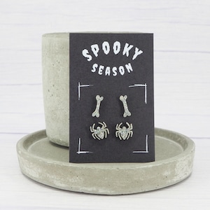 Holographic Glitter Bone & Spider Stud Earrings: Titanium - Halloween Multi-Pack