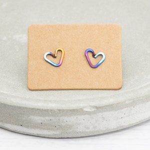 Titanium heart stud earrings Delicate lightweight hypoallergenic Boho rainbow heart earrings Valentine bride image 3