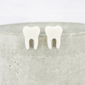 Titanium ear wire teeth resin stud earrings - White lustre tooth - Delicate hypoallergenic earrings - Minimalist studs