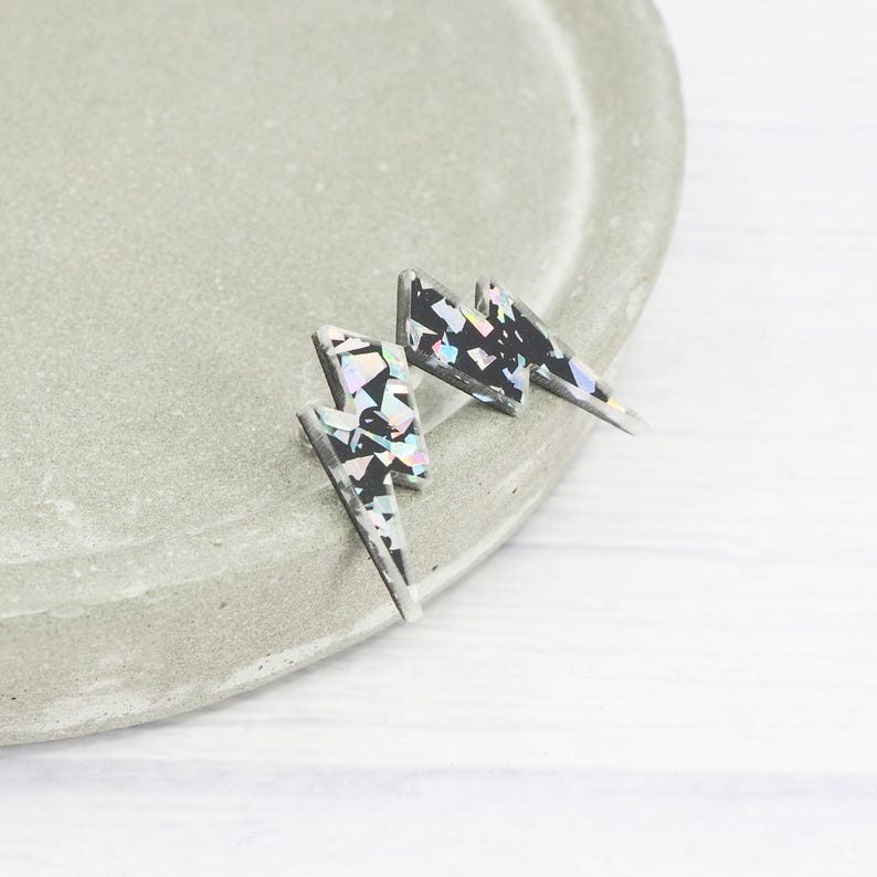 Lightning Bolt Stud Earrings: Holo Silver Glitter, Titanium Posts image 8