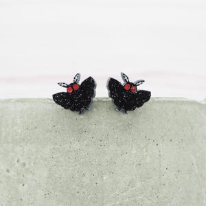 Titanium ear wire Mothman stud earrings - Black glitter Acrylic hypoallergenic earrings - Halloween - Spooky - Cryptid