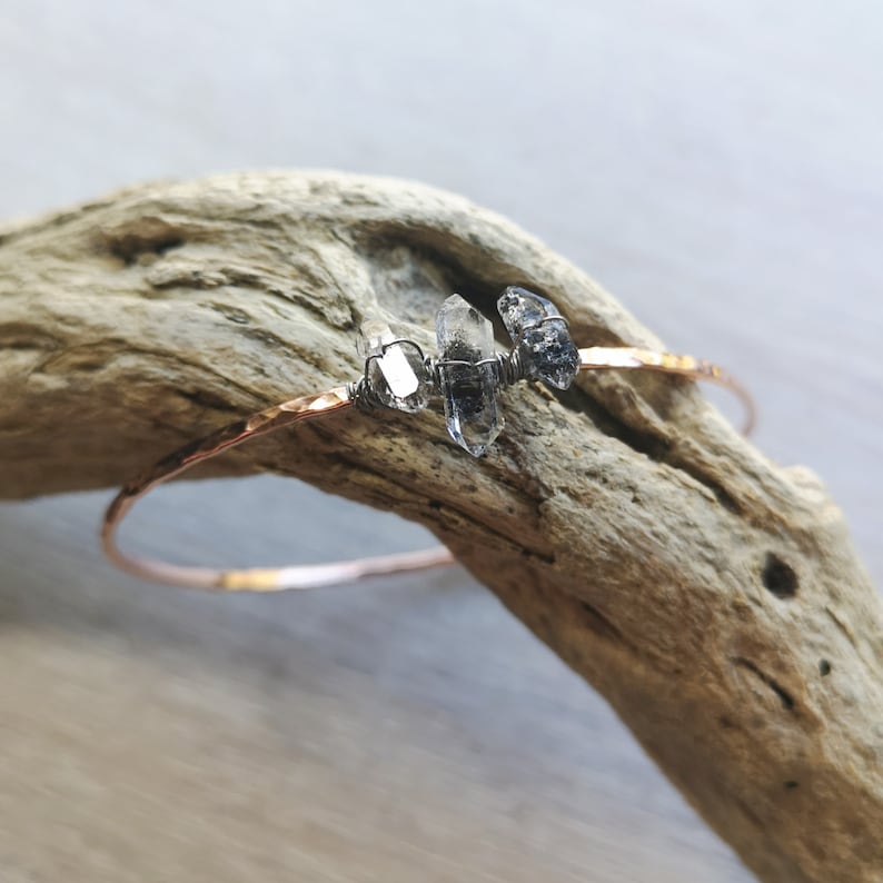 Handmade gift Hammered copper bracelet April birthstone 7th Anniversary Medium Herkimer diamond copper bangle