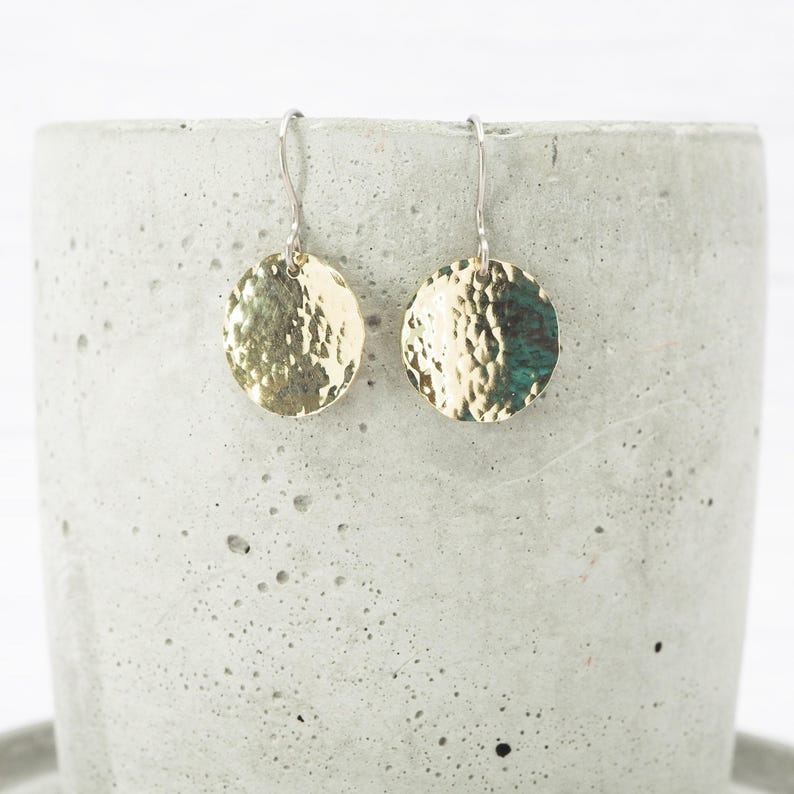 Brass Dimple Hammered Earrings: Titanium Ear Wires, Sensitive Ears image 2
