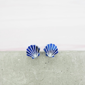 Titanium ear wire - Small Blue sea shell stud earrings - Delicate hypoallergenic earrings