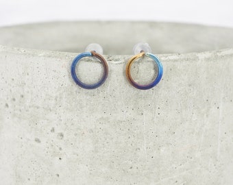 Titanium 7.5mm circle stud earrings - Delicate hypoallergenic hand formed earrings - Boho anodised minimalist earrings