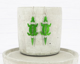 Titanium earrings  - Crocodile dangle - Unique - Green marble acrylic - Titanium hypoallergenic ear wire