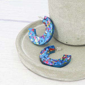 Titanium earrings Chunky disco glitter hoops Gift for her Blue flake Acrylic open hoops image 8