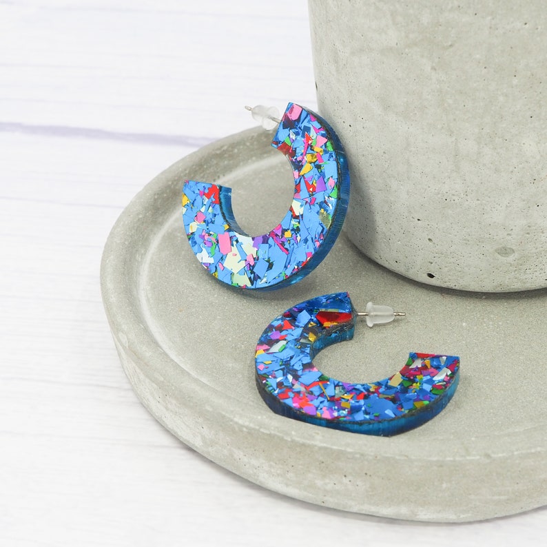 Titanium earrings Chunky disco glitter hoops Gift for her Blue flake Acrylic open hoops image 8