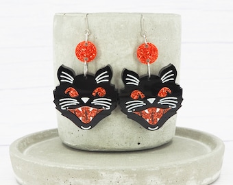 Titanium ear wire - Retro Halloween cat dangle earrings - Vintage - Unique - Statement - Acrylic - Black and Orange glitter