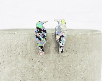 Crow Stud Earrings: Silver Holographic Flake (Titanium posts, Sensitive Ears)