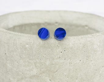Titanium ear wire - Small pearly Blue dot stud earrings - Delicate hypoallergenic earrings - Minimalist studs