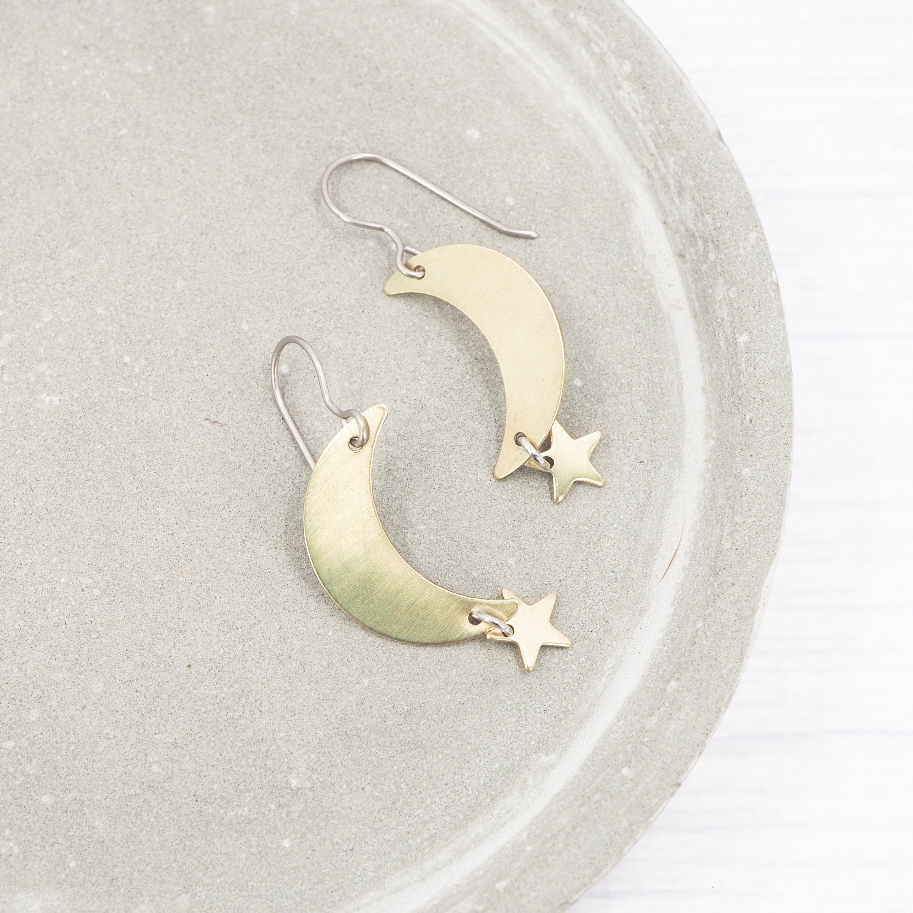 Silver Crescent Moon Dangly Earrings - made w/hypoallergenic titanium -  Grey Theory Mill