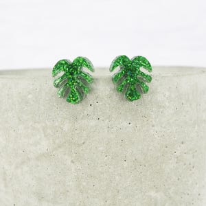 Green Glitter Monstera Leaf Stud Earrings: Titanium Hypoallergenic Plant Earrings