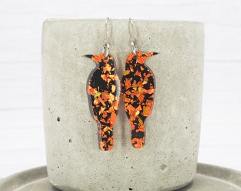 Titanium hypoallergenic ear wire - Crow dangle earrings - Unique - Orange flake acrylic - Raven Bird