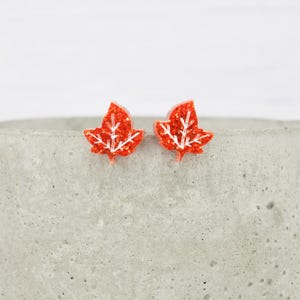 Orange Glitter Leaf Stud Earrings: Titanium, Hypoallergenic