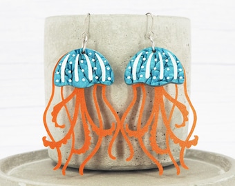 Pearly Blue Jellyfish Earrings - Metallic Orange Tentacles, Titanium Hooks