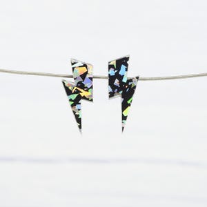 Lightning Bolt Stud Earrings: Holo Silver Glitter, Titanium Posts image 4