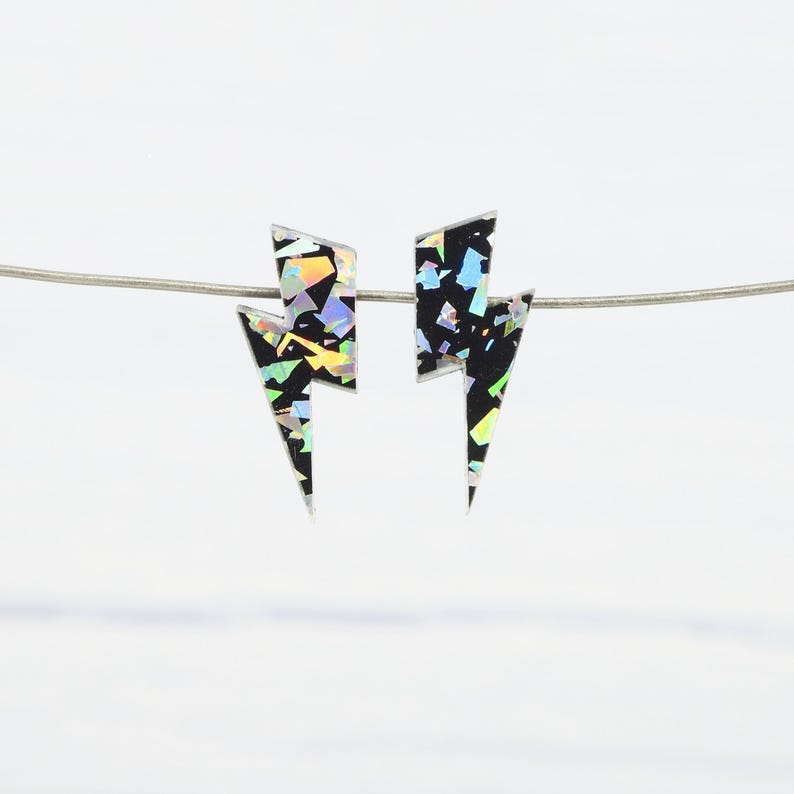 Lightning Bolt Stud Earrings: Holo Silver Glitter, Titanium Posts image 4