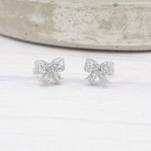 Silver Glitter Bow Stud Earrings: Titanium Wire, Hypoallergenic