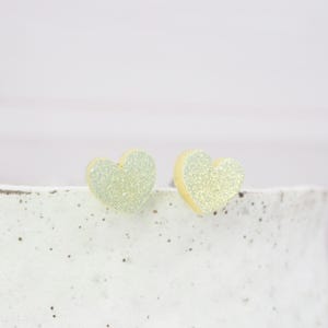 Heart Stud Earrings: Yellow Iridescent Acrylic Titanium posts