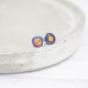 Titanium spiral stud earrings - Delicate hypoallergenic earrings - Boho rainbow minimalist studs