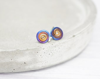 Titanium spiral stud earrings - Delicate hypoallergenic earrings - Boho rainbow minimalist studs