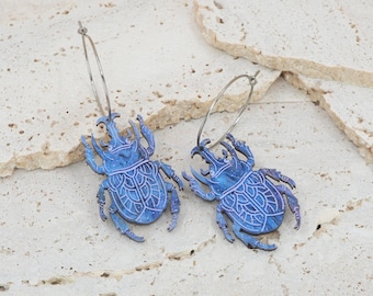 Titanium Hoop Earrings: Purple galaxy beetle Dangle, Hypoallergenic