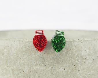 Mismatch Christmas Light Stud Earrings: Green & Red Glitter, Titanium posts