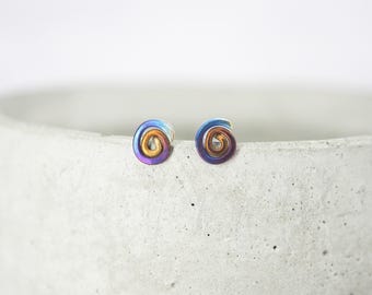 Small Titanium Spiral Stud Earrings: Hypoallergenic Minimalist Boho