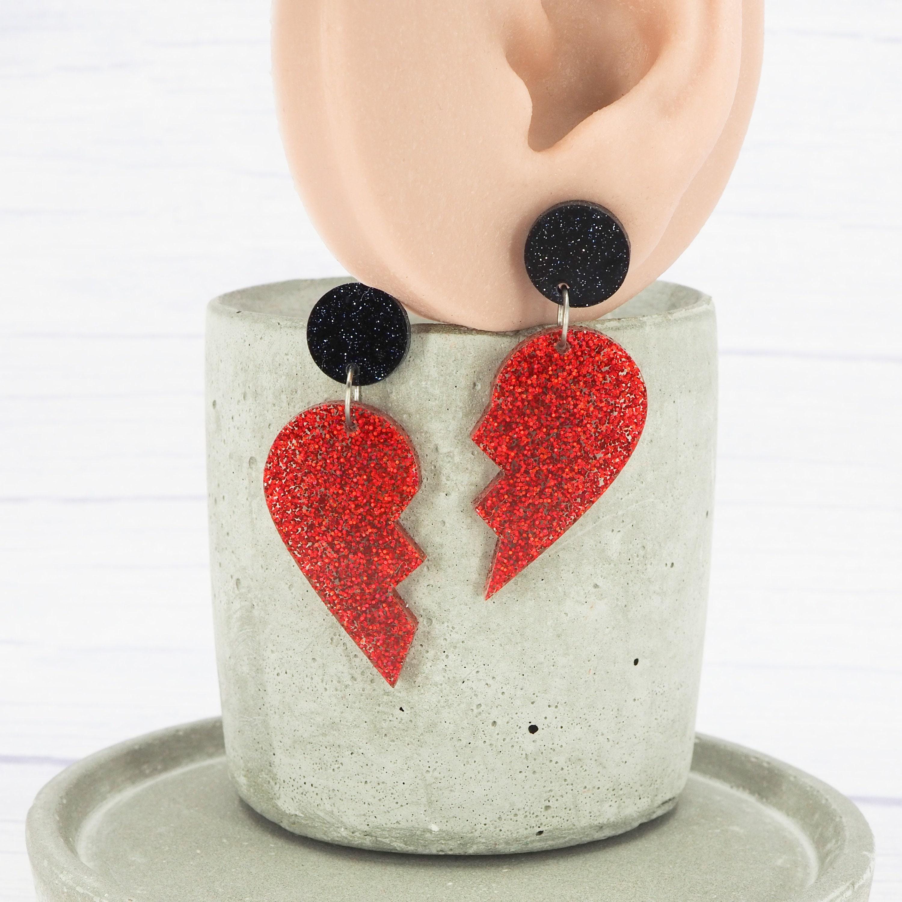 Titanium Ear Wire - Broken Heart Dangle - Unique - Red