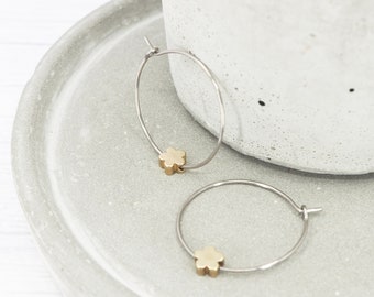 Titanium polished 1 inch hoops, Brass flower dangle charm, Hypoallergenic earrings - Mixed metal