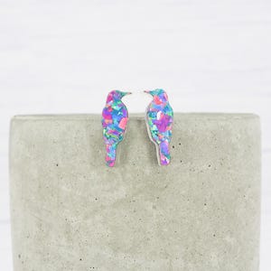 Titanium ear wire bird stud earrings - Blue pink flake glitter Crows- Delicate hypoallergenic earrings