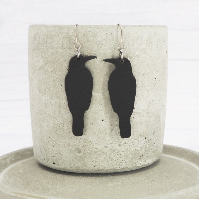 Titanium hypoallergenic ear wire Crow dangle earrings Unique Matte Black acrylic Raven Bird image 1